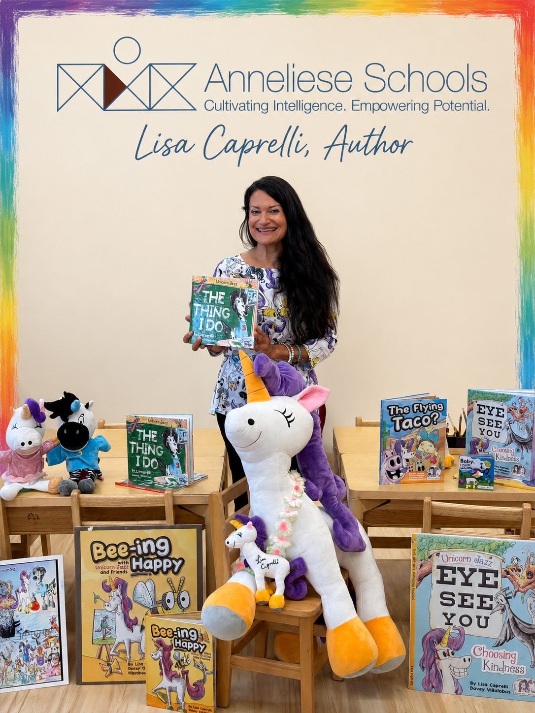Children's author Lisa Caprelli with books and Unicorn Jazz characters at a school